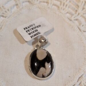 Peanut Petrified Wood Fossil Oval Pendant - Stamped 925 Sterling Silver